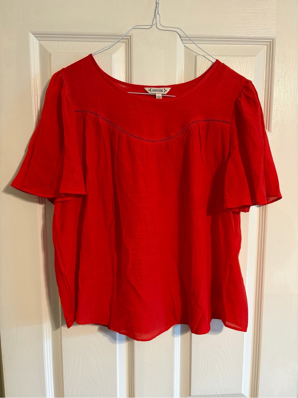 Nanette Lepore Red Flutter Sleeve Scoop Neck Blouse Women’s Large Romantic